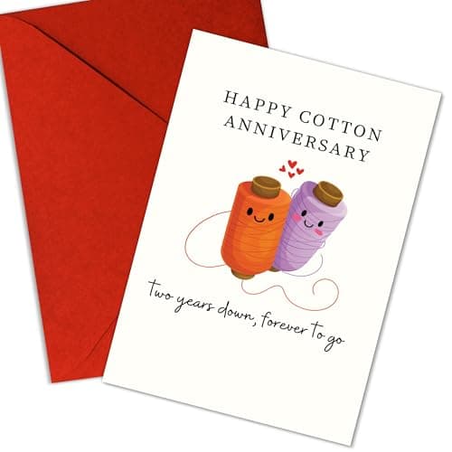 (5.3x8in) Happy Cotton Anniversary Card, Cute Thread Spools Design, Handmade 2nd Anniversary Card for Husband, Wife, Boyfriend, Girlfriend, or Couple, Two Years Down Forever to Go Gift (Xmas 46)