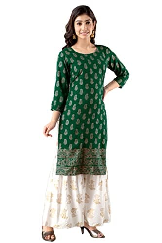 Chandrakala Kurti Sharara Set For Women Rayon Tunic Suit Sets Indian Summer Dress Bottle Green,XX-Large (K163BOT5)