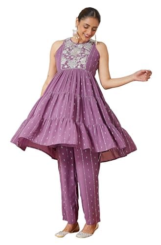 Janasya Indian Women's Georgette Lavender Yoke Embroidered Festive Wear Kurta Set for Women