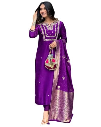 The Red Lion Enterprise Partywear wedding Function wear Anarkali Dress, Alia cut kurti pant and Dupatta 3pc set for women (US, Alpha, 3X-Large, Regular, Regular, Violet)