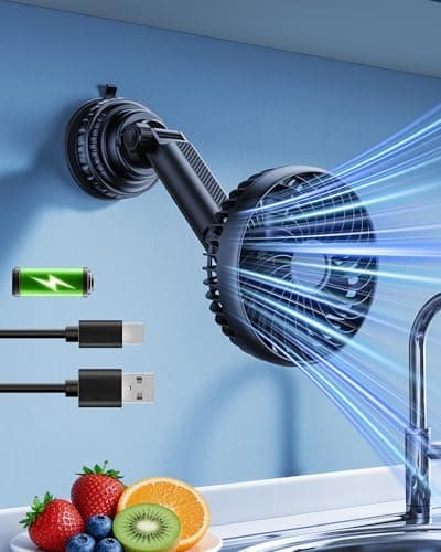 5000mAh Rechargeable Suction Cup Fan for Bathroom Shower , 360° Adjustable Stick on Fan for Wall, Detachable Battery Operated Bathroom Fan Cordless for Mirror Kitchen Car Desk Cruise Camper- Black