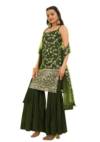 Indya Green Embroidered Georgette Sharara Set – Embroidered for Festive | Spaghetti Strap | Indian Ethnic Wear