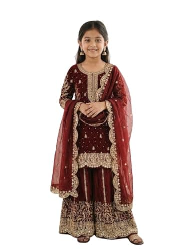 Cholista Kids Girls Sharara Suit Set with Dupatta – Eid Special Embroidered Salwar Kameez Ethnic Party Wear Dress. (maroon, 12-15 years)
