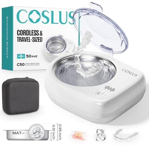 COSLUS Sonic Retainer Cleaner Machine: Cordless Professional Dental Cleaning Pod for Retainer, Aligner, Mouth Night Guard Deep Cleaning - Rechargeable Mini Travel Design, Quiet for Home, White