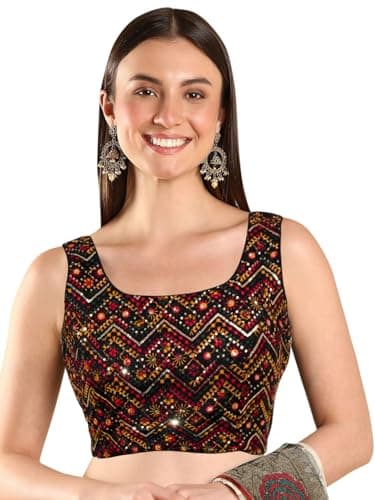 Chandrakala Sequin Embellished Readymade Saree Blouse for Women,Black Red, Large (B228BLA4)