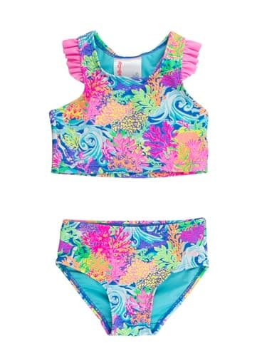 RuffleButts Girls UPF50+ Sun Protected Racerback Flutter Tankini 2-Piece Swimsuit - Neon Ocean Coral, 2T