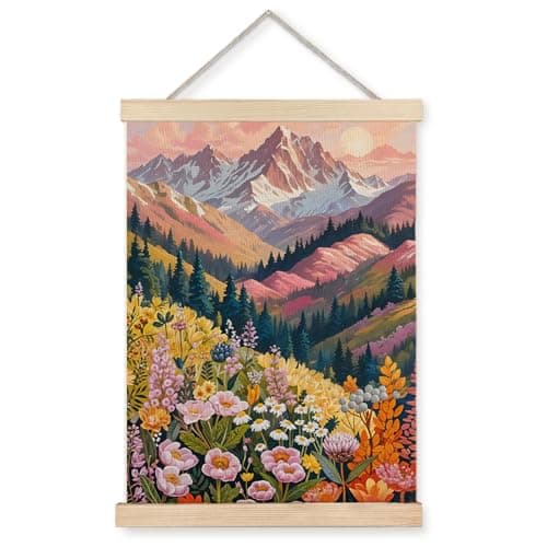 JINYO Boho Floral Mountain Landscape Wall Art Poster, Forest Mountain Wall Decor, Colorful Spring Wildflowers Nature Scenery Wall Art for Home Bedroom Living Room Office Decor, 12x16 Inches