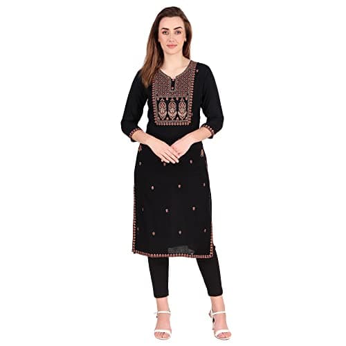 ladyline Womens Rayon Slub Embroidered Kurti Tunic Kurta Slits Embroidery (Black-50)