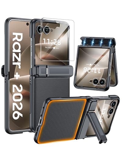 GooseBox for Motorola Razr+ 2026 Case/Razr+ 2025 Case, Built-in Screen Protector & Hinge Protection & Hidden Kickstand & Slim Non-Slip PU Leathe Texture Phone Case for Moto Razr+ 2026/2025(Black)