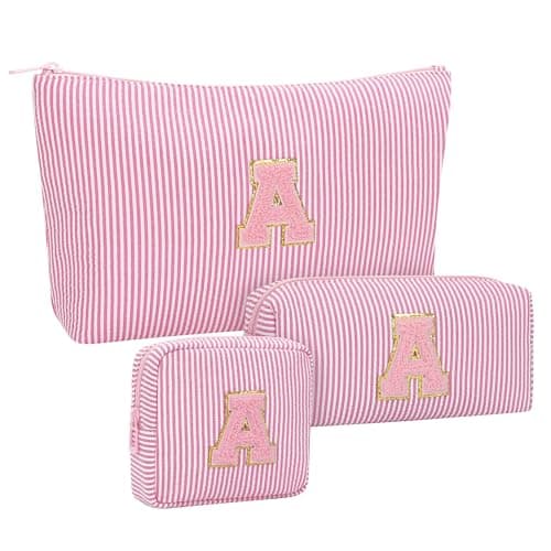 MONSTINA Initial Makeup Bag,Monogram Cosmetic Pouch,Personalized Make Up Case for Girlfriend Graduation Teacher Gifts,Cute Toiletry Bag Preppy Chenille Letter Patch,Pink A
