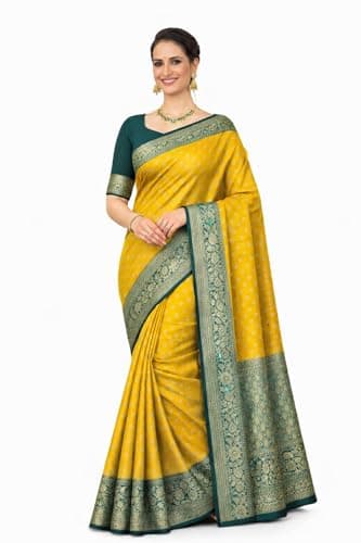 TRILOK CREATION Women’s Elegant Banarasi Style Saree with Gold Zari Work – Traditional Indian Ethnic Wear for Wedding & Festive Occasions (Yellow & Green)