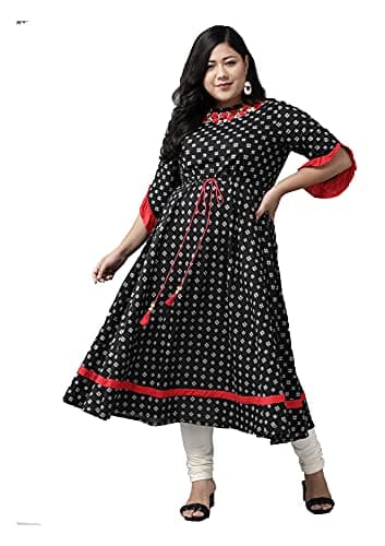 Yash Gallery Women's Plus Size Cambric Cotton Embroidered Geomatrical Printed Anarkali Kurta Flared Calf-Length Kurti Dress for Girl (Black, 4XL)