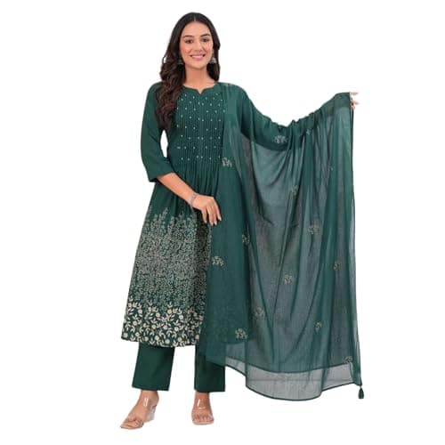 JAIPURIA THREADS Women's Cotton Indian Printed Straight Kurta Set Pleated Yoke Kurti With Pant and Dupatta 3-Piece Suit Set | 3/4 Sleeves Ethnic Wear | Green, Large