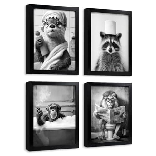 Zessonic Funny Animals Wall Art, 4 Pieces Black and White Wall Decor, Cute Animals Framed Pictures Wall Painting, Funny Bathroom Sign Artwork, Raccoon Prints Home Decor, 8x10inch