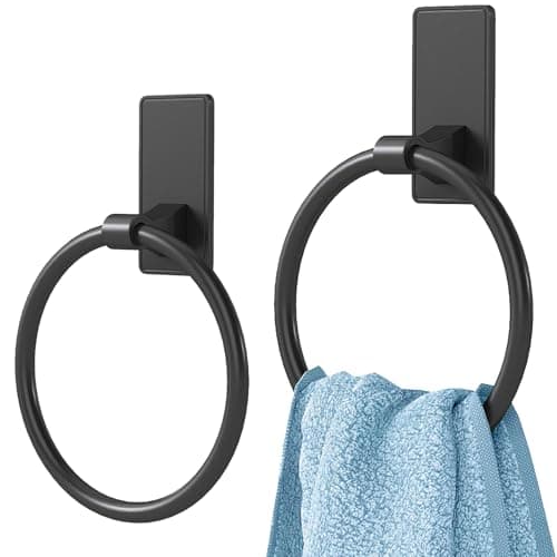 Towel Ring, SUS304 Hand Towel Holder for Bathroom，Matte Black Towel Holder Bathroom Adhesive Towel Hanger for Bathroom, Kitchen, 2 Pack