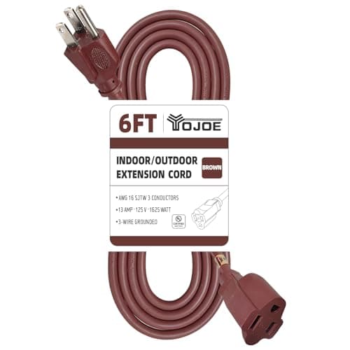YOJOE Indoor Outdoor Extension Cord, 3 Prong 13A Weatherproof Power Cord, 16 Gauge Heavy Duty 6 ft Brown Extension Cord for Garage, Garden and Home, 16/3 SJTW UL Listed