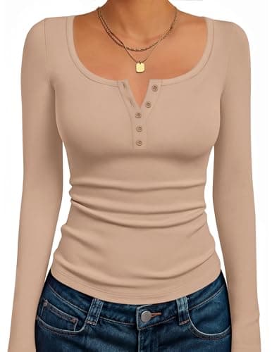 Ekouaer Womens Long Sleeve Shirts Fall Henley Tops Business Casual Blouses Fashion Trendy Outfits 2025 Khaki L