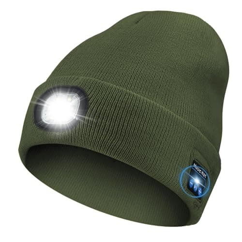 Greatfine Bluetooth Beanie with Light, Wireless Music Beanie Hat with HD Stereo for Men/Women/Teens, Built-in Microphone, Unique Tech Gifts for Christmas Stocking, Army Green