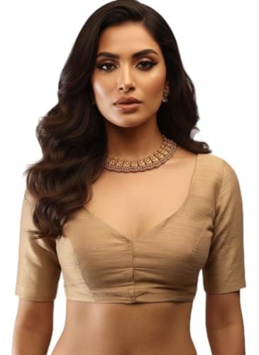 Elina fashion Gold Banglori Silk Readymade Blouse For Women V Neck Half Sleeve Saree Festive Wedding Party(Gold-S-36)