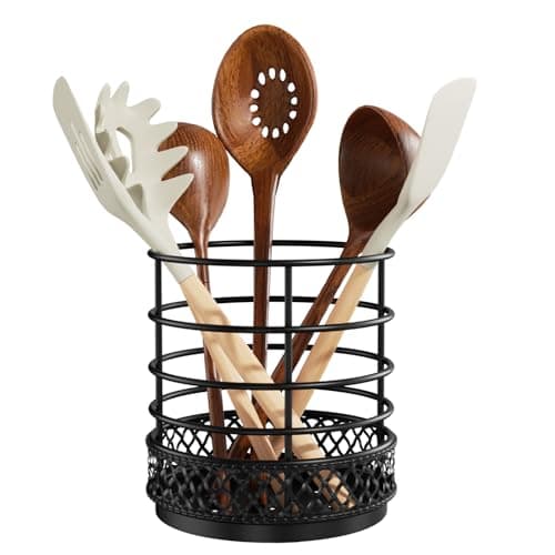 GIGIFTREE Metal Kitchen Utensil Holder for Kitchen Counter-5.43 x 5.98 inch, Black Utensil Crock for Spatula, Spoon, Fork & Knife, Rustproof Organizer