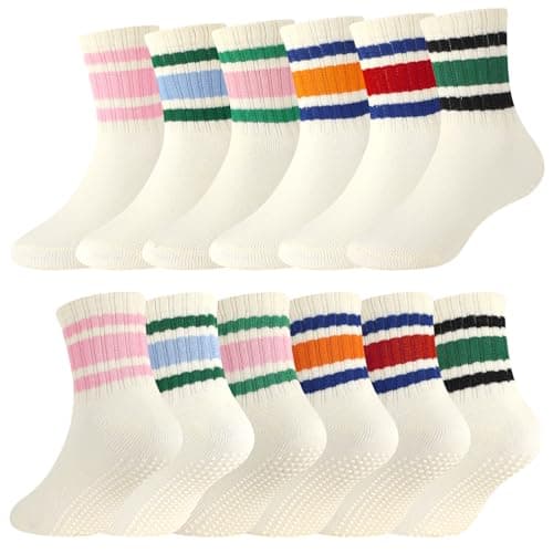 scenicamp 6 Pairs Baby Crew Socks Toddler Grip Non Slip Cotton Socks Baby Boys Girls Fashion Stripe 3-5