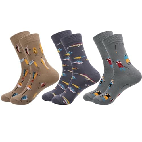 Jspupifip 3 Pairs Funny Fishing Socks for Men, Novelty Cotton Dress Crew Socks Gift for Grandpa Dad Fish Lover（Brown, Dark Gray, Light Gray）