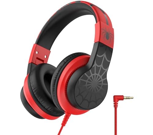iClever HS19 Kids Headphones for School with Microphone, Safe Volume Limiter 74/85dBA, Over-Ear Girls Boys Headphones for Kids with FunShare Foldable Wired for iPad/Travel (Spider Black)