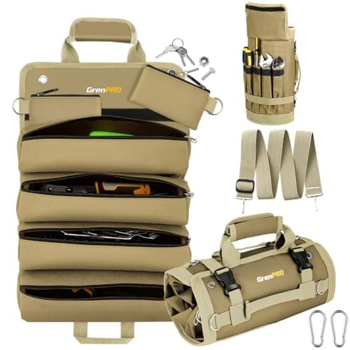 GrenPRO Roll Up Tool Bag, Tool Roll Up Bag with Detachable Tool Pouches, Soft Rollable Tool Pouch, Tool Organizer for Electricians, DIY, Valentines Day Gifts for Him Dad Men Mechanic Welding, Khaki