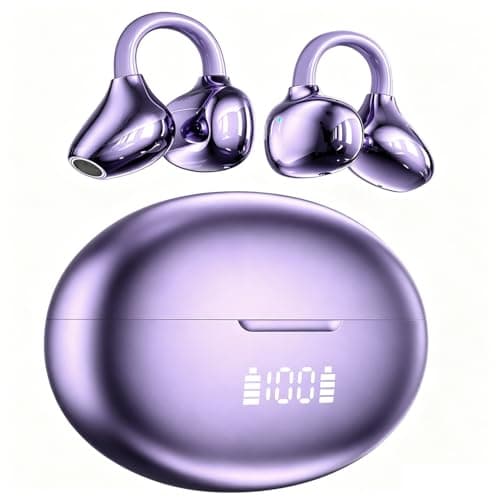 Clip-On Earbuds Open-Ear Wireless Bluetooth 6.1 Headphones with Mic,Bone conduction headphones, LED digital display, IPX7 Waterproof Sport Ear Buds Secure Fit for Small Ears & Glasses Wearers(Purple)