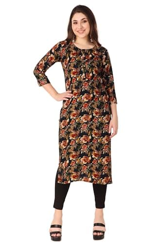 ladyline Womens Casual Rayon Printed Tunic Kurti Round Neck Button Kurta Top Dress (CEK SHPX620) (38/Black)