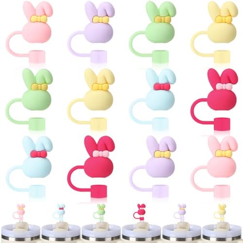XLSXEXCL 12 Pcs Easter Bow Bunny Straw Toppers Cover Caps Compatible with Stanley Cup, Easter Silicone Cute Reusable Straw Toppers for Cups 30&40 Oz Tumbler Accessories 10mm