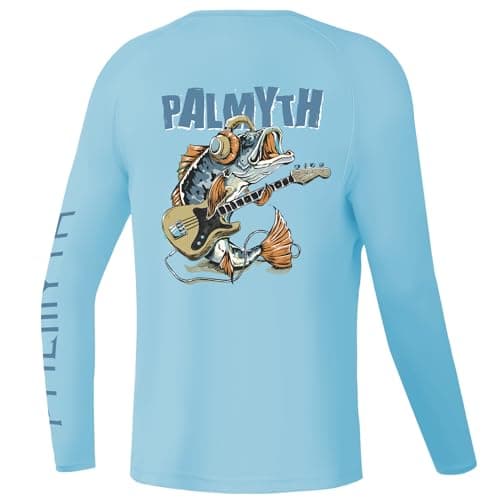 Palmyth Boys Fishing Shirt Youth Long Sleeve T-Shirt Sun Protection UPF 50+ Quick Dry (Ice Blue/Bass, L)