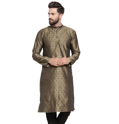 Maple Clothing Men's Brocade Poly Silk Traditional Festival Kurta Only India (Golden, M)