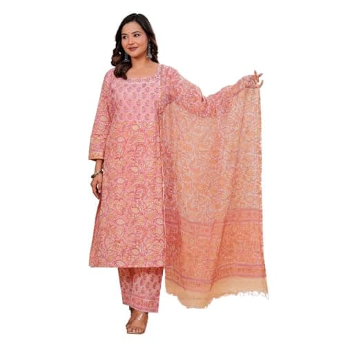 Women’s Cotton Straight Kurta Set with Kotadoriya Dupatta | Peach Pink Hand Block Print Ethnic Kurti Pant Set Traditional Wear | Medium