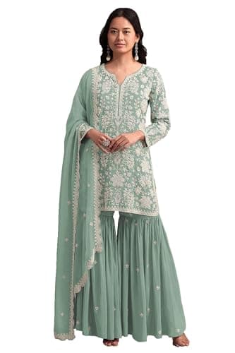 Shriva Fashion Indian ready to wear salwar kameez for Festival wedding party plus size Sharara suit party for women (2874) (Sky Blue, 40)