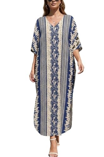 IMAGEKOPE Women's Plus Size Loose Fit Moroccan Print V-Neck Batwing Kaftan Beach Dress Bathing Suit Cover Up