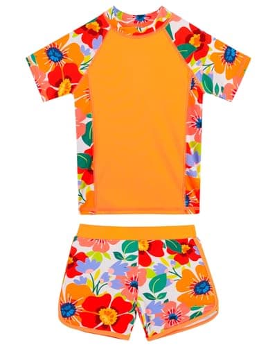 BAOHULU Girls Rash Guard Swimsuit Two Piece Bathing Suit UPF 50+ Short Sleeve Summer Beach Swimwear Size 3-14 Years S504_OrangeFlower_4A