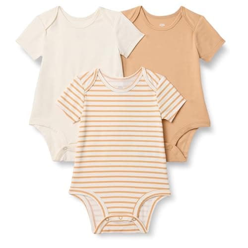 Amazon Essentials x Sofia Grainge Unisex Babies' Short Sleeve Crewneck Bodysuit, Pack of 3, Ivory/Light Camel/Stripe, 6-9 Months