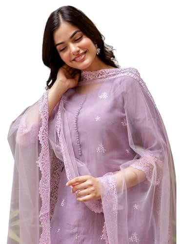 TRENDMALLS Women's Art Silk Embroidery A line Kurta Pant with Dupatta Salwar Suit Set (G278-Purple-M)