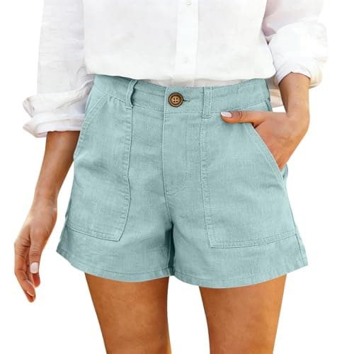 Women's Bermuda Shorts High Waisted Linen Shorts with Pockets Trendy Casual Summer Button Chino Short Boho Beach Flowy Lounge Short Work Dress Pants Trousers Pants Vacation Clothes for Women A-Blue