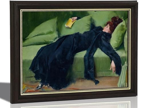 Vintage Dark Brown Framed Canvas Wall Art Moody Print Decadent Young Woman After the Dance Victorian Painting Painting Wall Decor for Bedroom Living Room Office Bathroom Decoration 12x16in