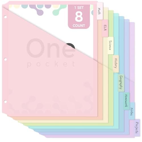 SKYDUE Binder Dividers with Tab, Pastel Dividers for 3 Ring Binder with Pockets – 8-Tab Durable Plastic Binder Dividers, Single Pocket File Organizers with Matching Label Stickers