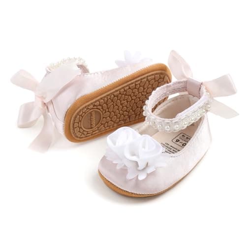 Baby Girls Mary Jane Flats with Rose Flowers Wedding Uniform Dress Shoes Soft Anti-Slip Sole Infant Newborn Crib First Walkers
