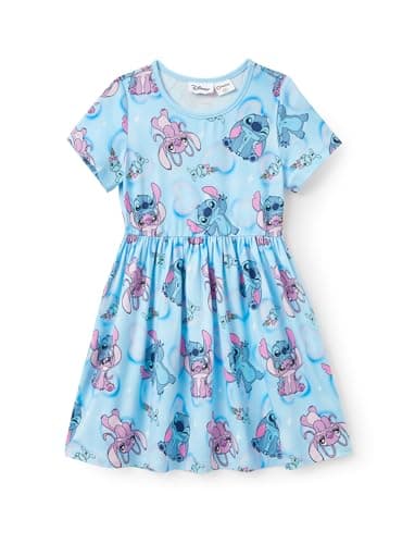 Disney Stitch & Angel Toddler Girl Dress Blue Heart Allover Print Short Sleeve Casual Summer Sundress Kid Birthday Party Beach Outfit Clothes Size 5-6