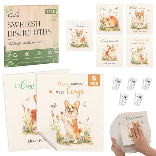 wlich 5PCS Swedish Dishcloths for Kitchen, Reusable Dish Rags for Washing Dishes with Clips, Non-Scratch Kitchen Towels and Dishcloths Sets, Washable Swedish Dish Cloths, No Odor(Dog)