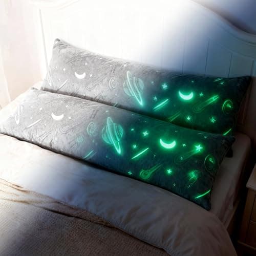 2PCS Glow in The Dark Body Pillow Cover 21x54 Inches Soft Plush Pillowcase Set with Starlit Sky Pattern Grey Long Pillow Cover with Side Zipper