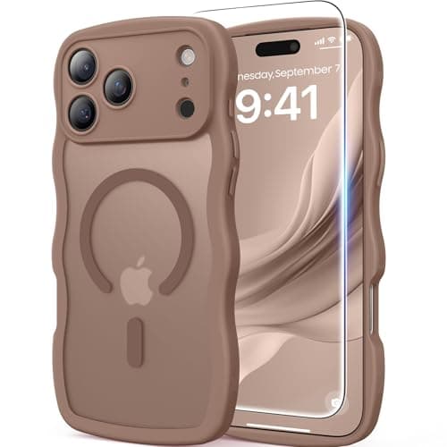 Magnetic for iPhone 17 Pro Max Case, Cute Wavy [Full Camera Protection] [Fit for MagSafe], 1X Screen Protector+1X Wrist Strap, Trendy Matte Women Girly Phone Case for iPhone 17 Pro Max 6.9", Brown