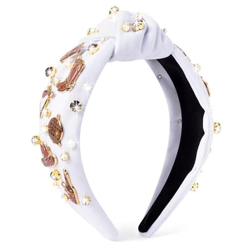 PANTIDE Western Jeweled Knotted Headband - Brown Cowgirl boots Hat Rhinestone Crystal Embellished Headband Wide Top Knot Fashion Hairband Hair Accessories Birthday Gift for Cowboy Women Girls (White)