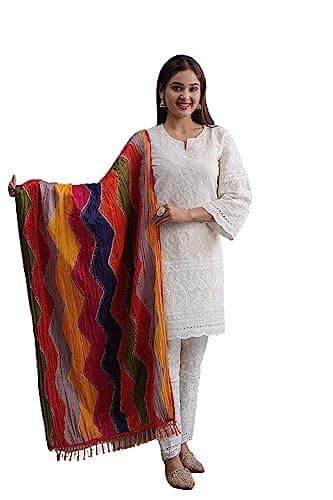 MAGHMA Chikankari Kurtis for Women Pakistani Salwar Kameez Suit Set Indian Dresses Cream White Kurti Pant & Multi Color Dupatta Set (XXL)