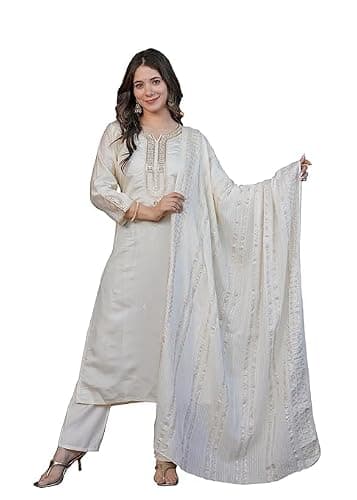 FOXDX Women's Silk Blend Embroidered Straight Kurta Pant Set with Chanderi Dupatta Set (White, Medium)